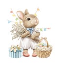 Watercolor cartoon vintage Easter rabbit with bouquet of willows