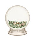 Watercolor cartoon vintage green Christmas tree wreath in snow globe