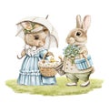 Watercolor cartoon vintage pair Easter bunny rabbits in clothes