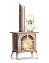 Watercolor cartoon wood burning stove and vintage lantern