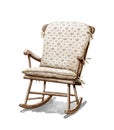 Watercolor cartoon wooden rocking chair with brown pattern and knitted pillow Royalty Free Stock Photo