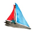 Watercolor cartoon wooden toy sailboat with red and blue sails