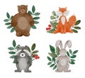 Watercolor cartoon woodland animals. Cute set of bunny, teddy, fox and raccoon with leaf