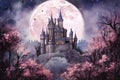 watercolor castle, snow covered, with pink flower tree and moon in the background