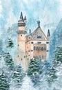 Watercolor castle with trees winter nature