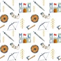 Watercolor castle, weapon and other elements of viking culture seamless pattern