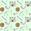 Watercolor castle, weapon and other elements of viking culture seamless pattern