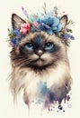 Watercolor cat blue point neva masquerade with flowers crown in cartoon style on white background. Cute character cat Royalty Free Stock Photo