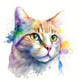 Watercolor cat with green eyes portrait, colorful painting. Realistic pet, animal illustration. Created with Generative AI