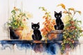 Watercolor cats and flowers