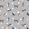 Watercolor cats pattern on grey polka dot background.