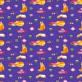 Watercolor cats seamless wallpaper. Cartoon animals children illustration. Emoji violet pattern background.