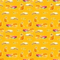 Watercolor cats seamless wallpaper. Cartoon animals children illustration. Emoji yellow pattern background.