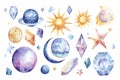 Watercolor Celestial and Crystal Elements for Design   Sun  Moon  Stars  Planets  Crystals Royalty Free Stock Photo