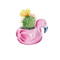 Watercolor ceramic flamingo with cactus