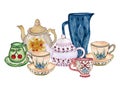 Watercolor Ceramic Porcelien dishware teapot teacup dishware elegance party element arrangement for invitation card, web banner,