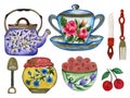 Watercolor Ceramic Porcelien dishware teapot teacup dishware elegance party element arrangement for invitation card, web banner,