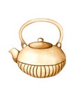 Watercolor ceramic teapot in beige color. Single teapot isolated on white