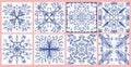 Watercolor ceramic tile stylization with blue ornaments. Azulejos portugal, Turkish ornament, Moroccan tile mosaic