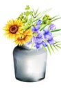 Watercolor ceramic vase with sunflowers, morning glory and artichoke, green leaves