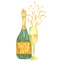 Watercolor champagne bottle and glasses. Isolated alcoholic cocktail beverage drink illustration on white background.