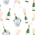 Watercolor champagne glass and bottle seamless pattern on white