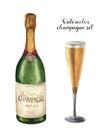 Watercolor champagne set. Bottle of sparkling wine with glass isolated on white background. Party illustration for Royalty Free Stock Photo