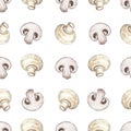 Watercolor champignon seamless pattern on white background. Grey mushrooms print