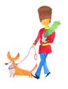 Watercolor character british guardsman with corgi and flower on a walk