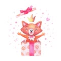 Watercolor character fox girl in crown fun jumping out of a gift box. Cartoon animals for holiday decoration.