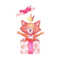 Watercolor character fox girl in crown fun jumping out of a gift box. Cartoon animals for holiday decoration.