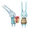 Watercolor character rabbits in sweaters with a Christmas present. Cute Christmas bunnys. Watercolor isolated