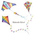 Watercolor checkerboard and striped kites air set. Hand drawn vintage kite with retro design. Illustrations isolated on white back