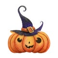 Watercolor cheerful pumpkin in a hat. Halloween