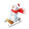 Watercolor cheerful snowman in hat and scarf sledding