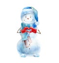 Watercolor cheerful snowman on white background