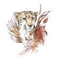 Watercolor cheetah portrait with dried leaves. African animlas clipart