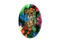 watercolor cheetah with tropical flowers in oval shape on white background