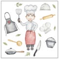 Watercolor chef clipart, hand drawn kitchen supplies illustration. Man cooker working on the kitchen, kids school card clip art,