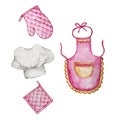 Watercolor chef hat, apron and potholder set Royalty Free Stock Photo