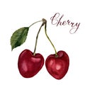 Watercolor cherries with leaf and lettering Cherry. Hand drawn food illustration on white background. For design Royalty Free Stock Photo