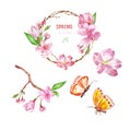 Watercolor spring floral set with cherry blossom, sakura tree wreath and butterlies, isolated on white background Royalty Free Stock Photo