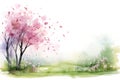Watercolor cherry blossoms whisked away by spring breeze