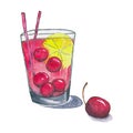 Watercolor cherry cocktail with lemon illustration icon isolated on a white background. Royalty Free Stock Photo