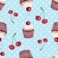 Watercolor cherry cupcake seamless pattern on blue background Royalty Free Stock Photo