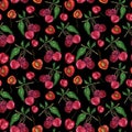 Watercolor cherry in a pattern on a black background Royalty Free Stock Photo