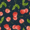 Watercolor cherry. Watercolor cherry seamless pattern. Summer dessert. Cherry berries Juicy cherries on a dark blue Royalty Free Stock Photo