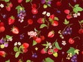 Watercolor cherry, strawberry, raspberry, black currant seamless pattern. Summer berries, fruits, leaves Royalty Free Stock Photo