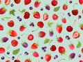 Watercolor cherry, strawberry, raspberry, black currant seamless pattern. Summer berries, fruits, leaves, flowers Royalty Free Stock Photo