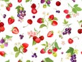 Watercolor cherry, strawberry, raspberry, black currant seamless pattern. Summer berries, fruits, leaves Royalty Free Stock Photo